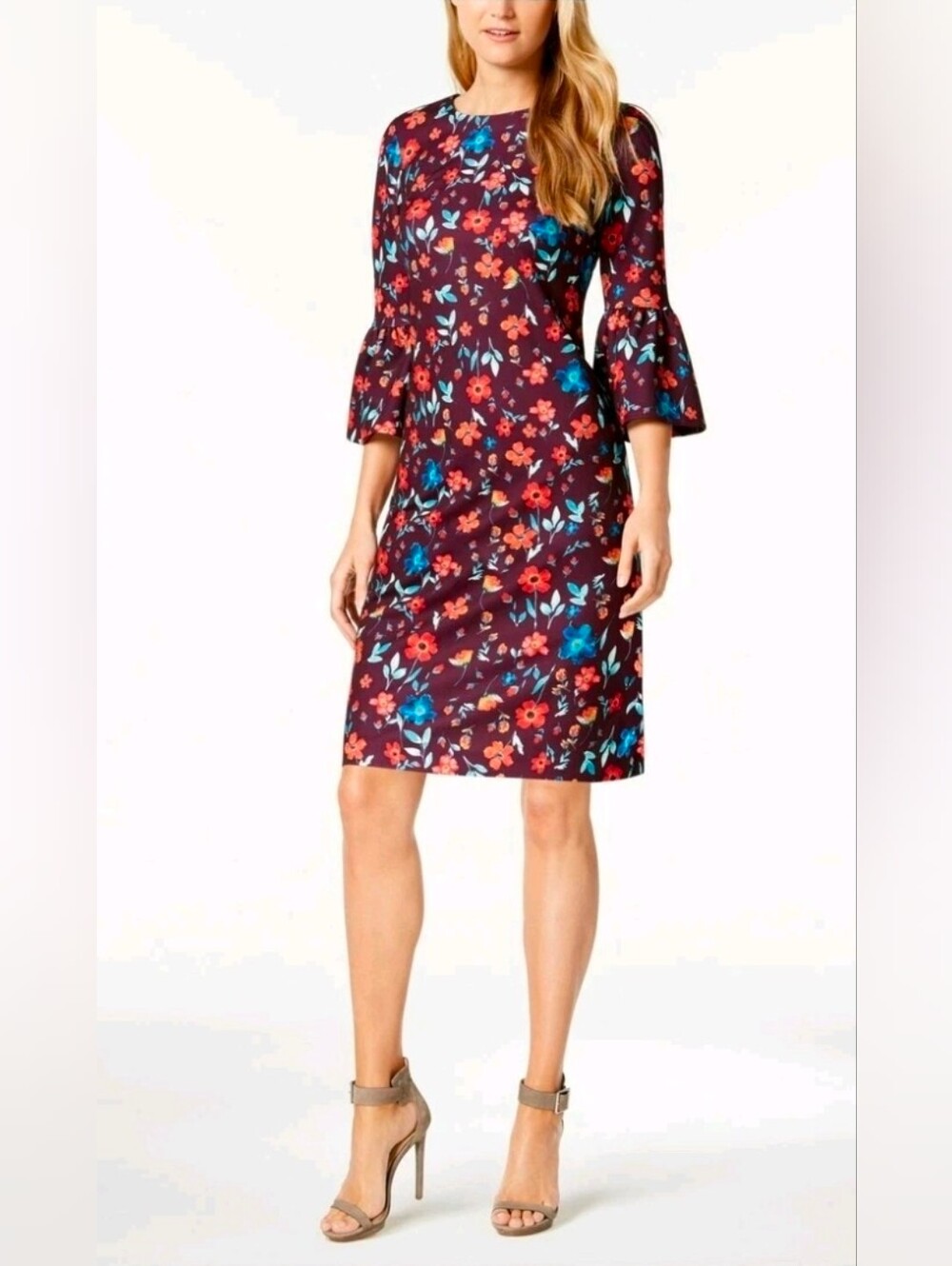 Calvin Klein Floral Bell-Sleeve Shift Dress - Burgundy Floral - Size 14